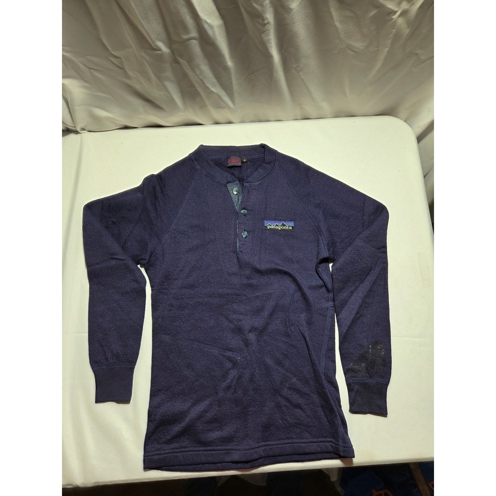 Vintage Patagonia Polypropylene Henley Sweater Navy‎ Blue Mens Small Raglan Logo
